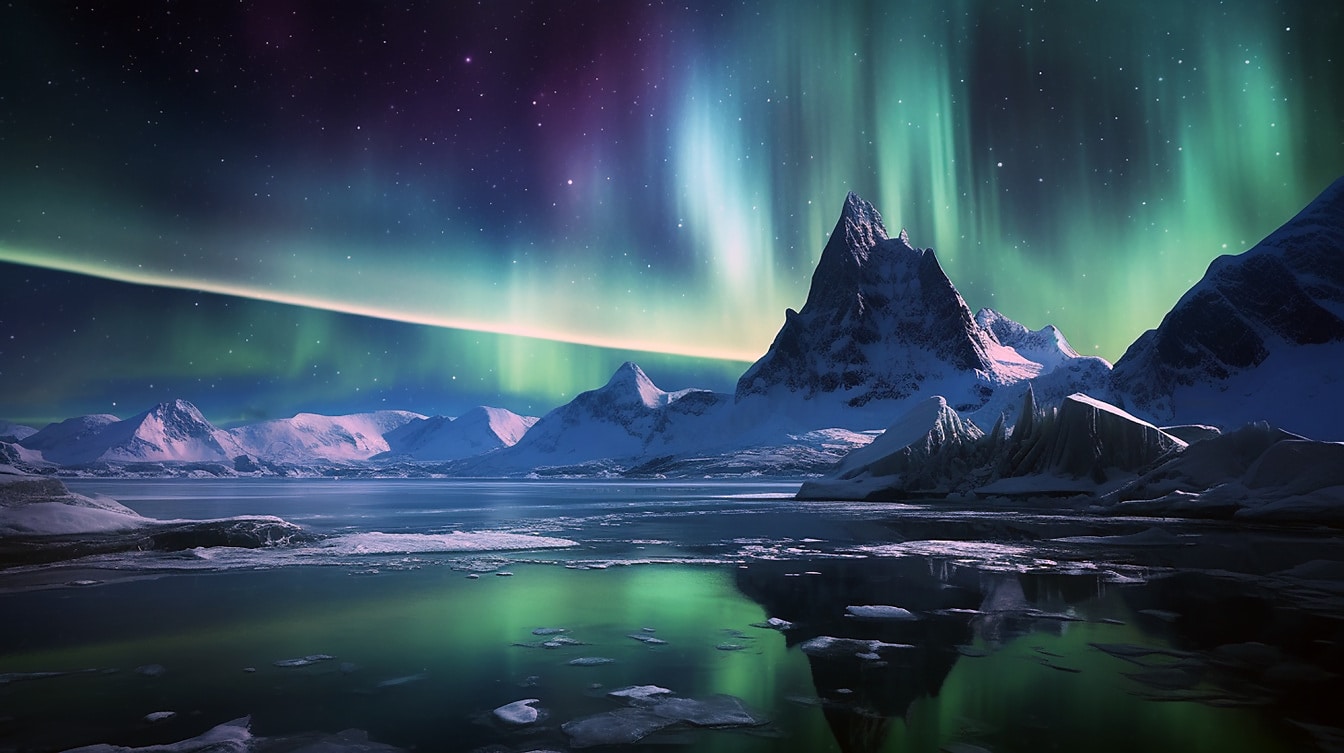 Majestic aurora borealis green lights at winter night