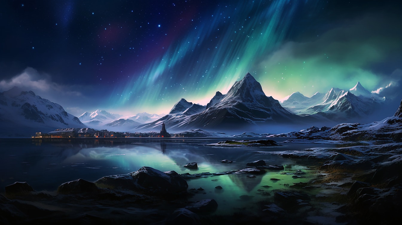 Panoramisk søbred om natten med aurora borealis