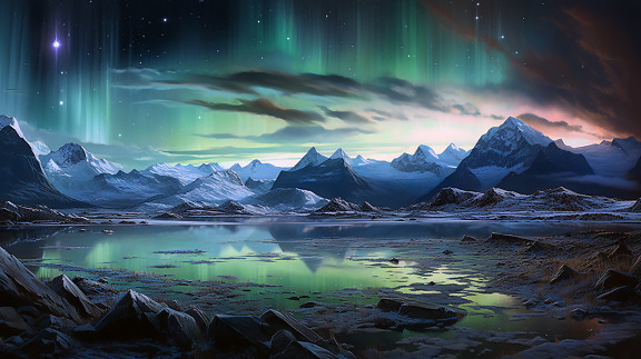 Lakeside panorama at night with majestic aurora borealis at sky