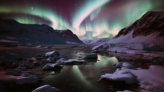 Sungai berbatu di musim dingin di malam hari dengan aurora borealis
