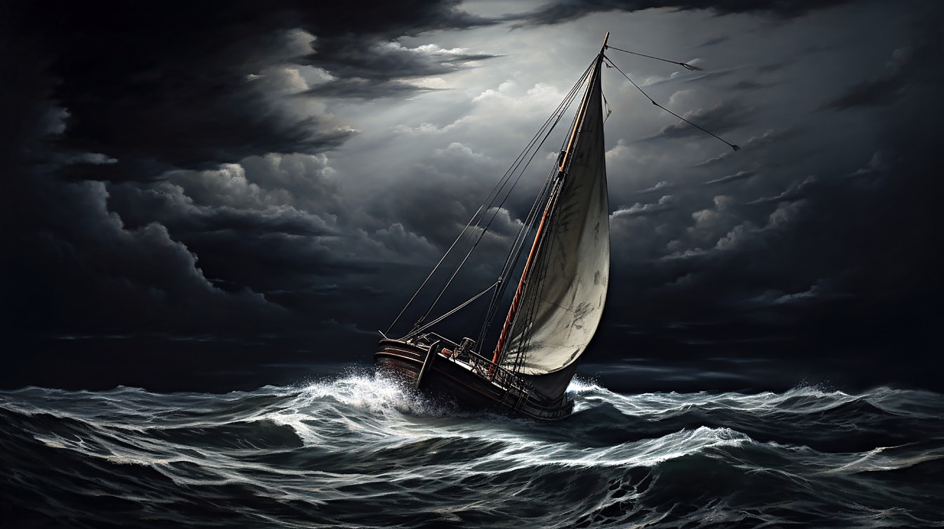Photomontage of sailing boat at night storm
