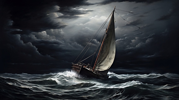 fotomontage, båt, segling, storm, natt, segelbåt, mörk