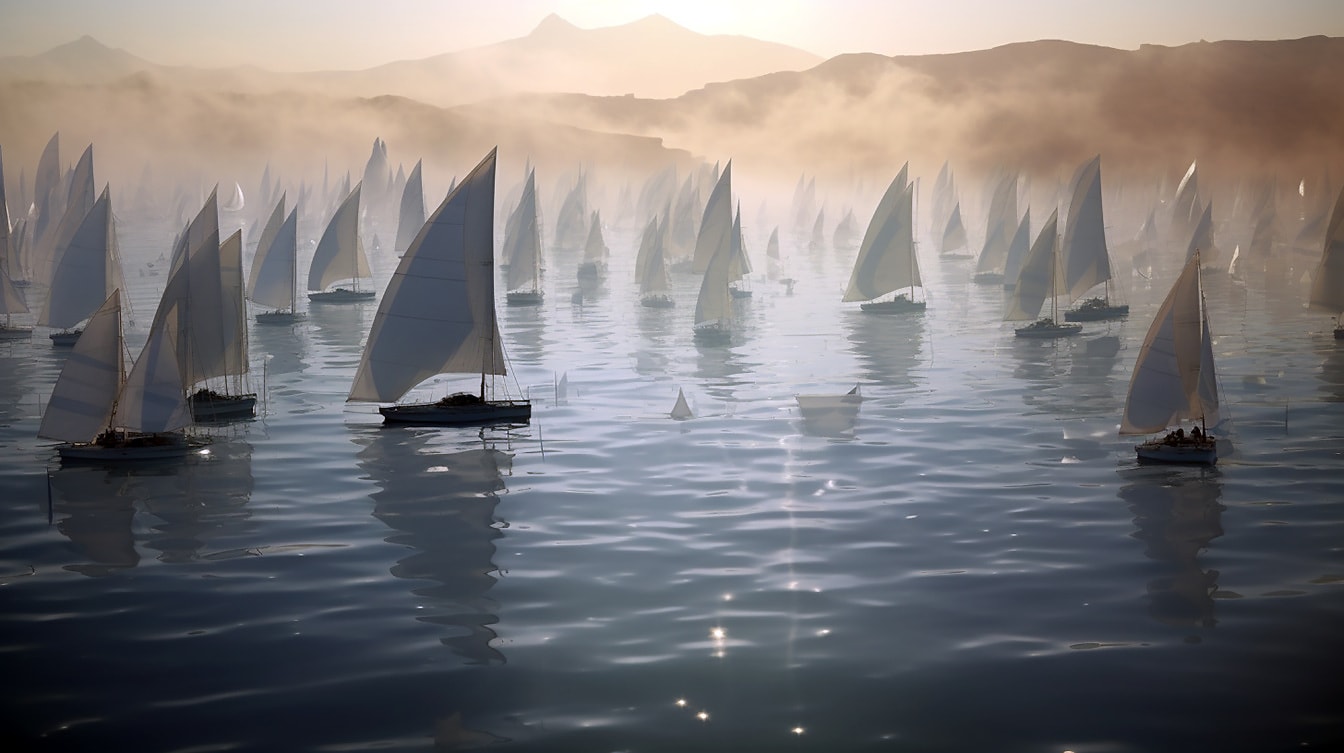 Ilustrație în stil retrofuturism a bărcilor cu vele pe apă calmă