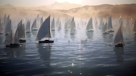 Ilustrace plachetnic na klidné vodě ve stylu retrofuturismu