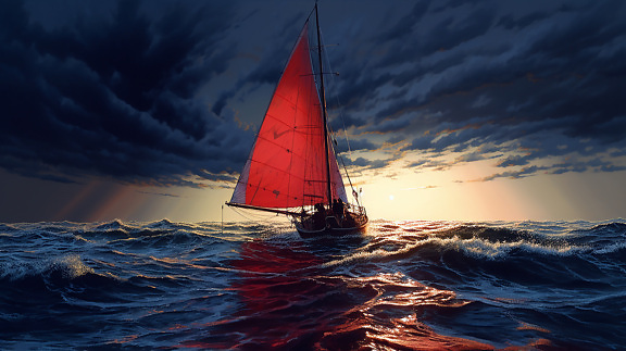 Tmavě červená plachetnice s tmavě modrými bouřkovými mraky grafické ilustrace