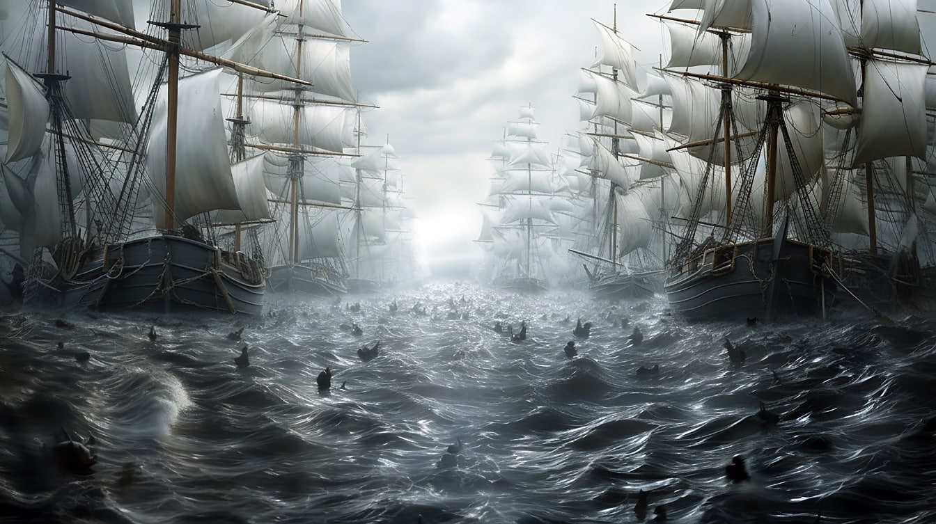 Ilustrácia mnohých pirátskych lodí na vlnách