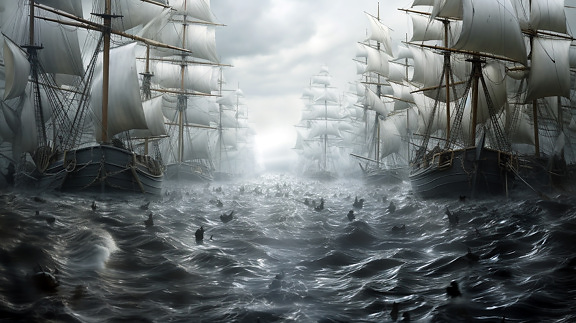 Illustration of many pirate ships on waves