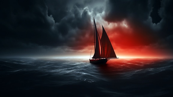 Silhouette of sailing ship in dark clouds with red storm in background