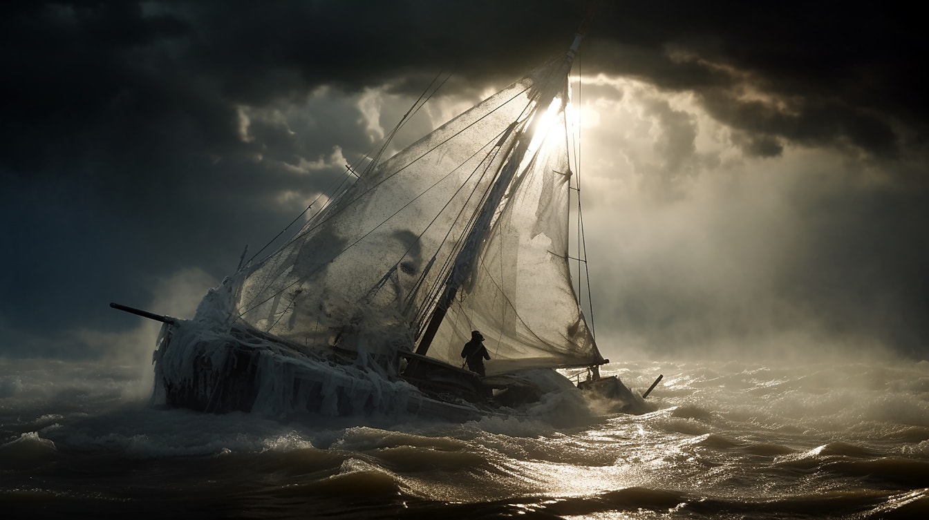 Siluete námorníka na plachetnici v búrkovom počasí