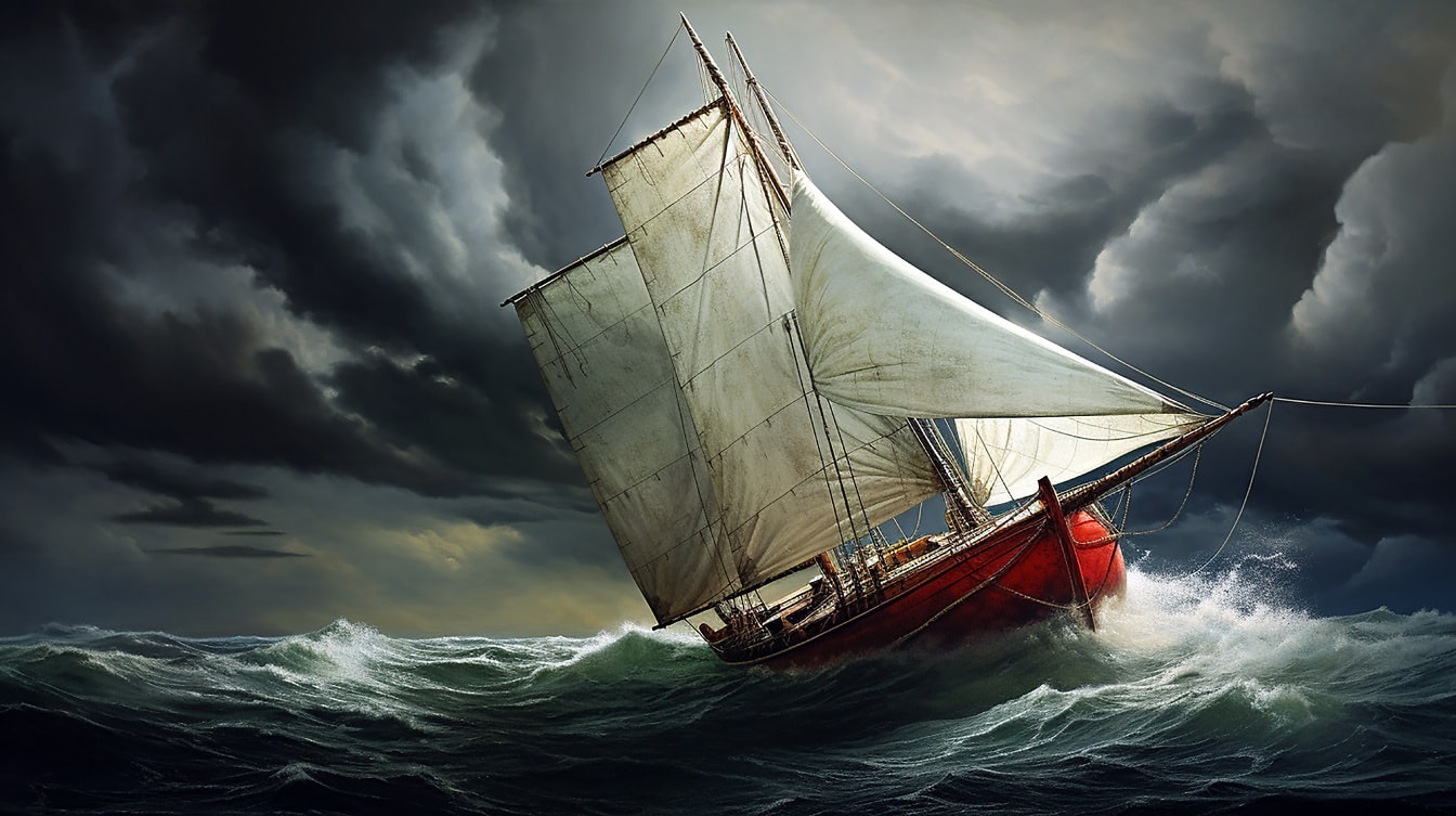 Illustration eines dunkelroten Holzsegelboots auf Sturmwellen und dunkelblauen Wolken