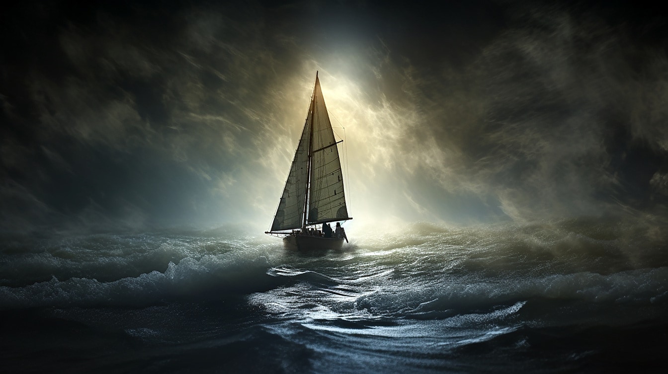 海の波に浮かぶ帆船のイラスト