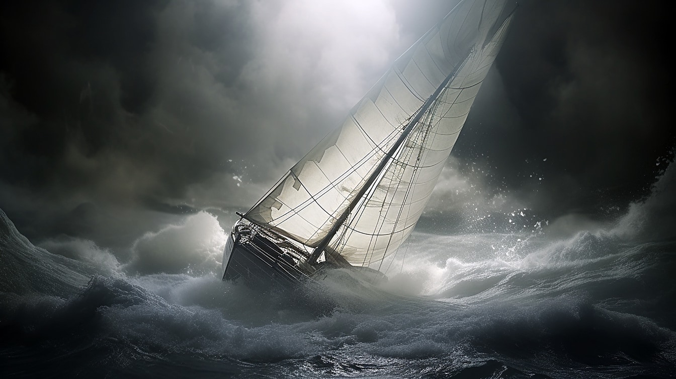 Afbeelding van zeilboot op onweersgolven bij maanlicht