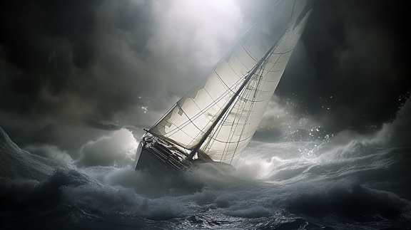 grafisk, båd, sejlads, bølger, myrsky, måneskin, skyer