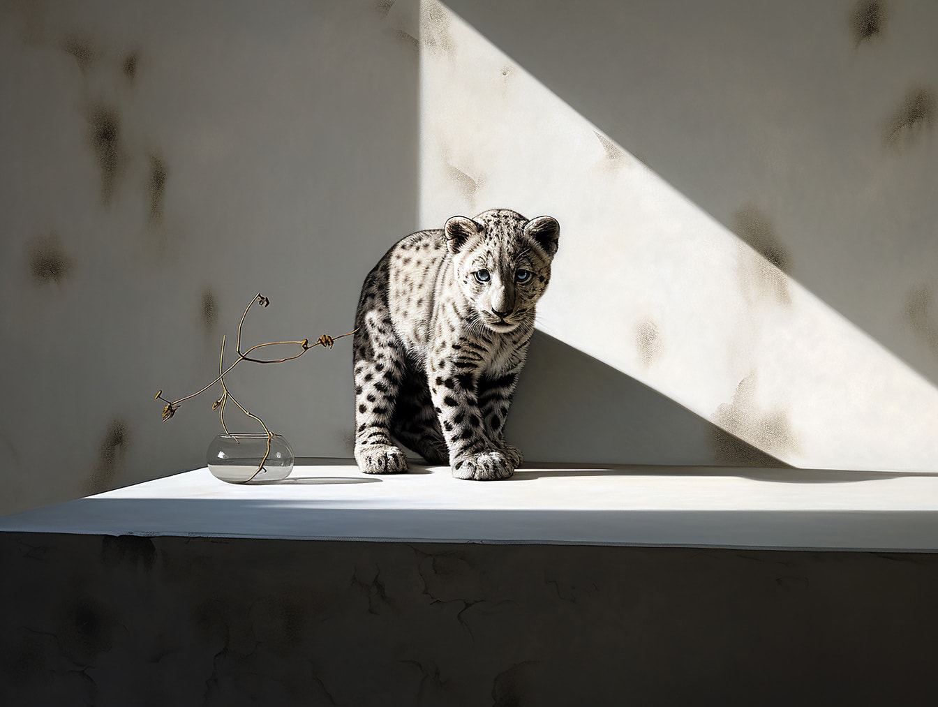 Montase foto 3D macan tutul salju muda yang menggemaskan dengan vas kaca