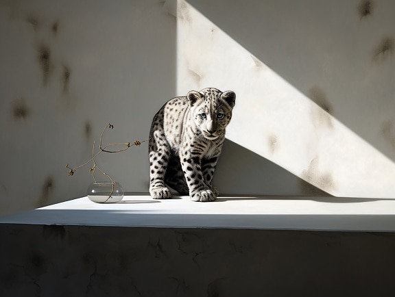 3D photomontage of adorable young snow leopard by glass vase