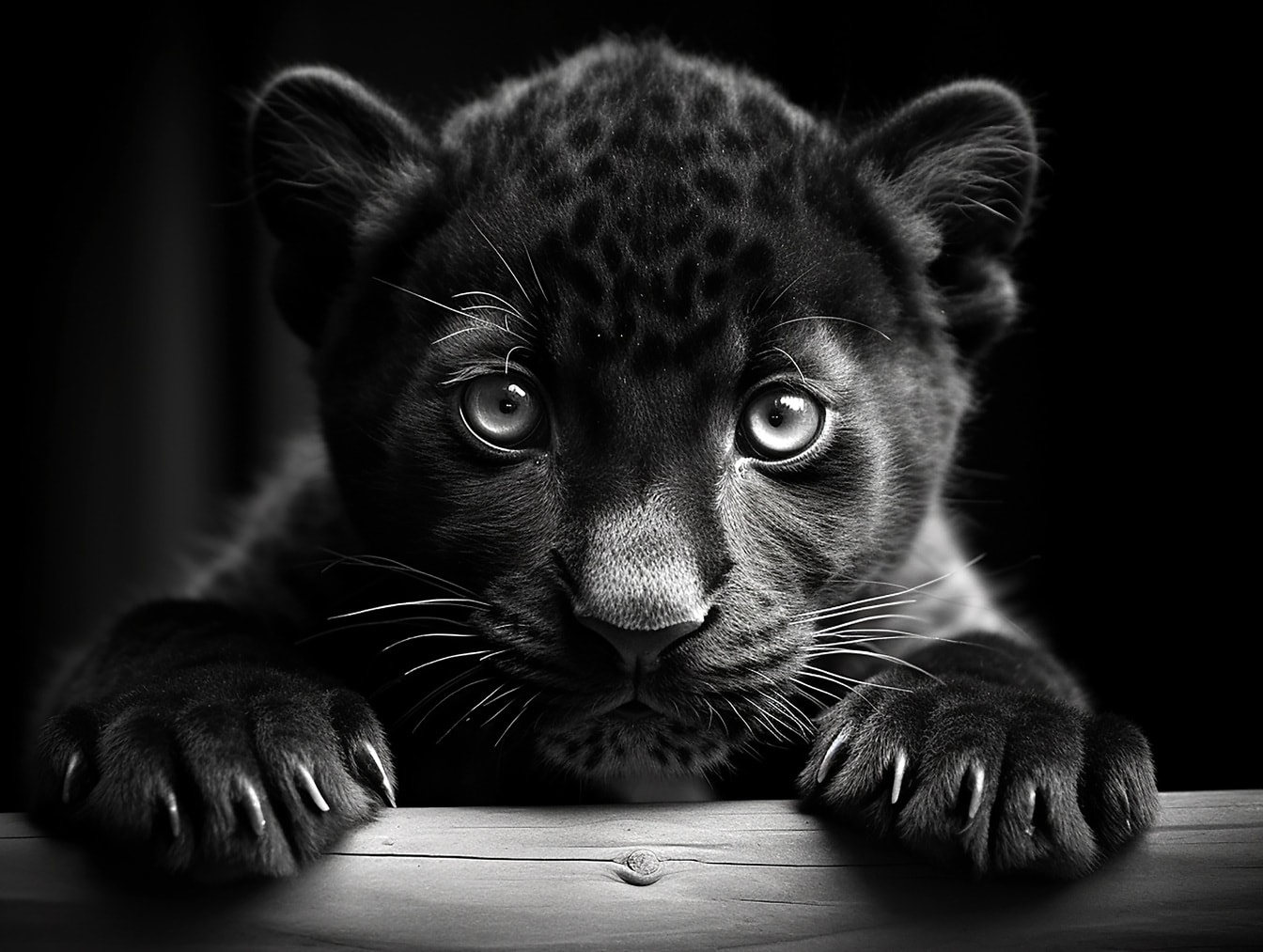 Monochrome portrait of adorable young black panther