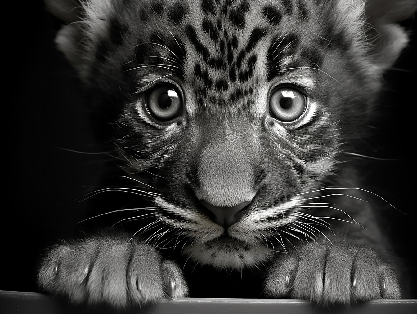 愛らしい若い黒豹のクローズアップモノクロの肖像画