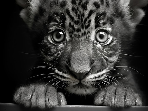 Adorable young black panther close-up monochrome portrait