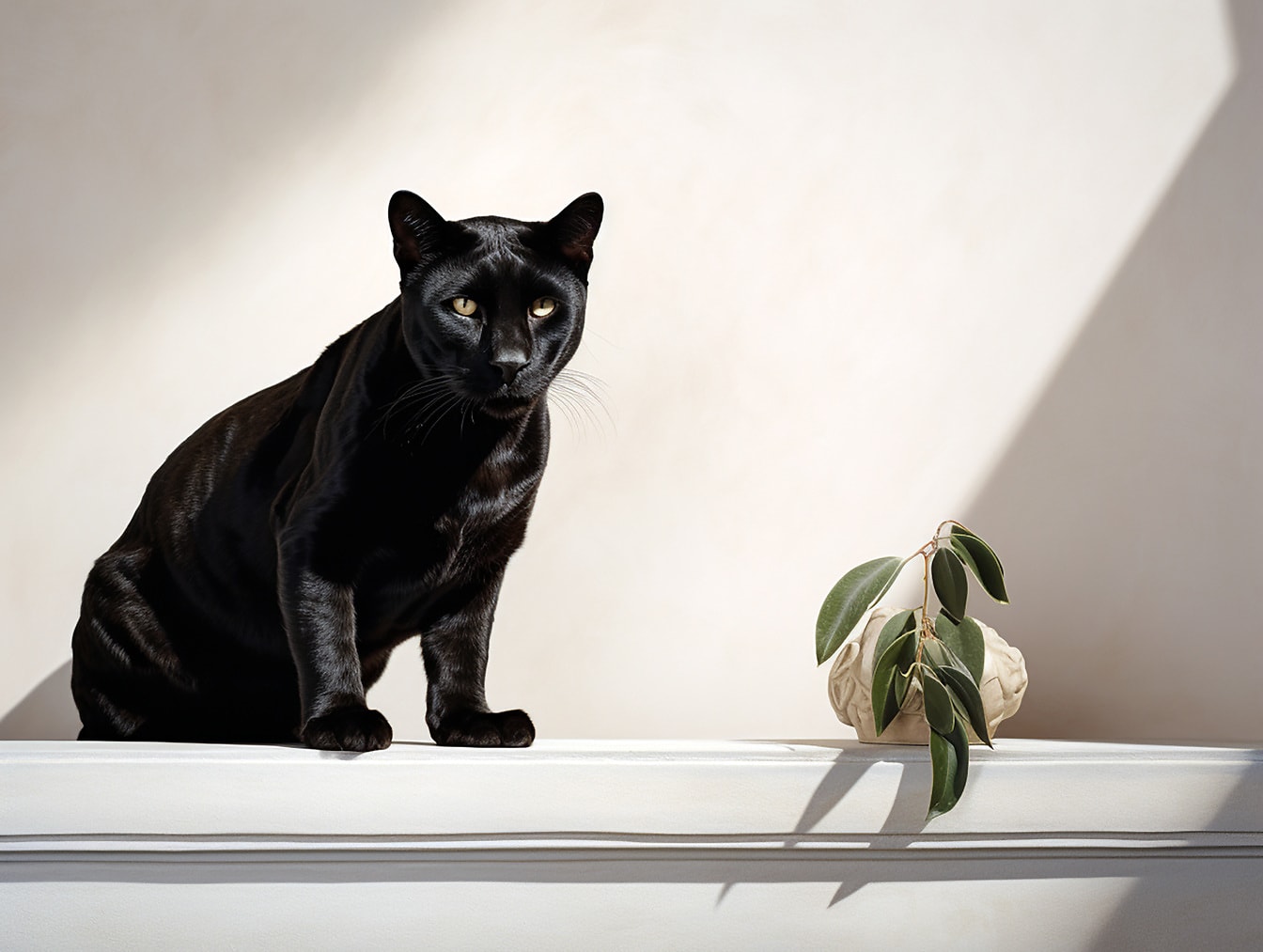 Joven pantera negra sentada junto al jarrón en la sombra de la obra de arte digital