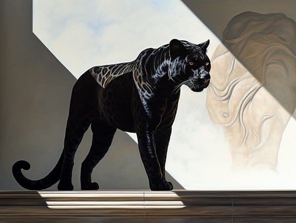 Side view illustration of black panther by mural on wall