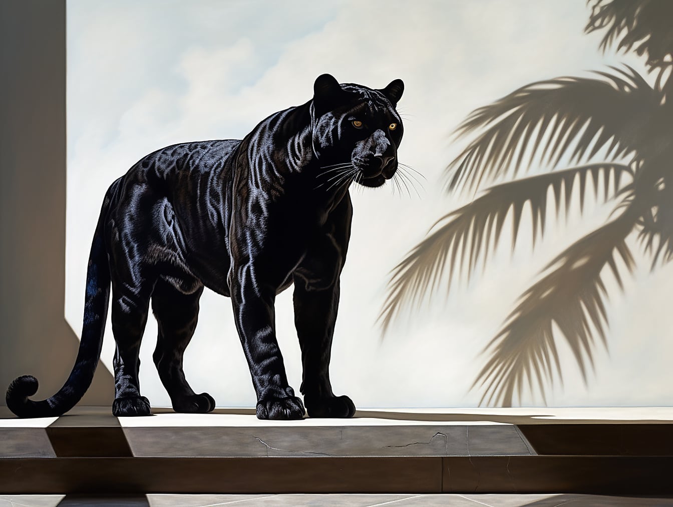 Дигитален фотомонтаж на черна пантера, стояща до стената