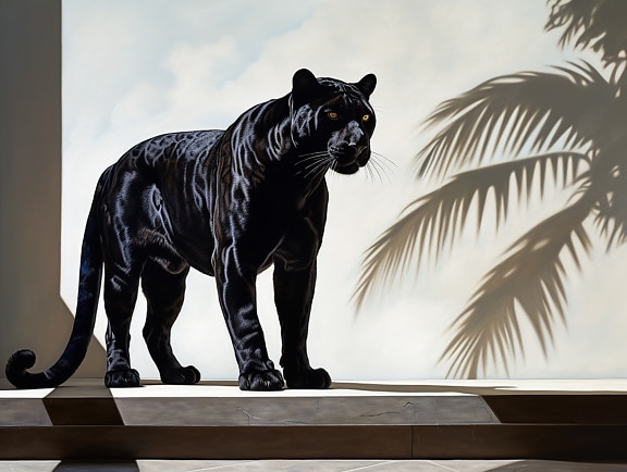Digitale Fotomontage eines schwarzen Panthers, der an der Wand steht