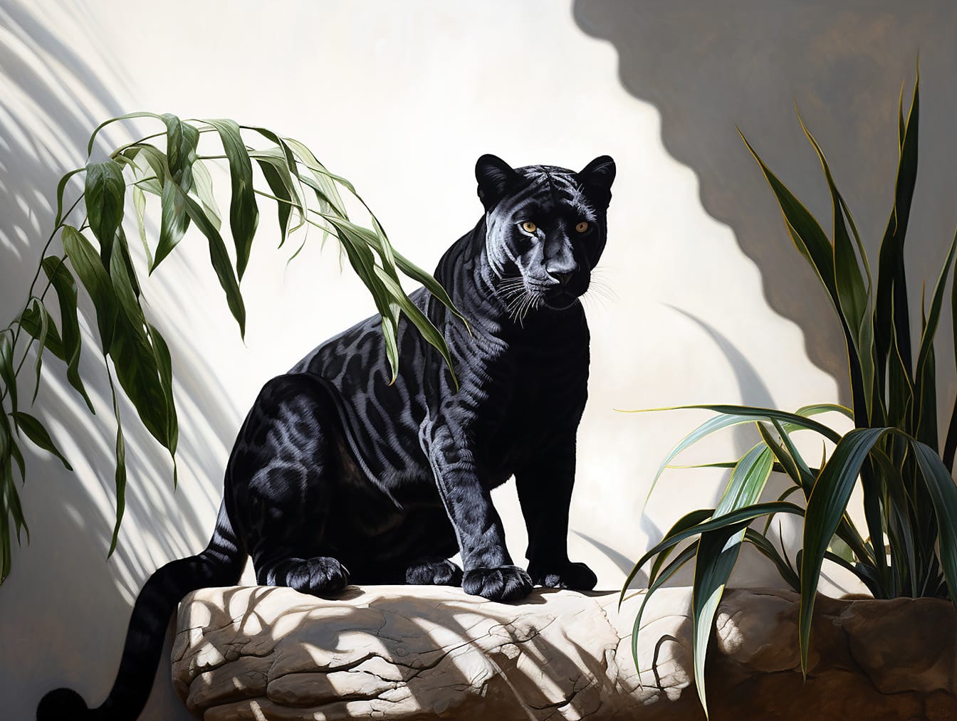 Realistická ilustrace černého pantera sedícího ve stínu