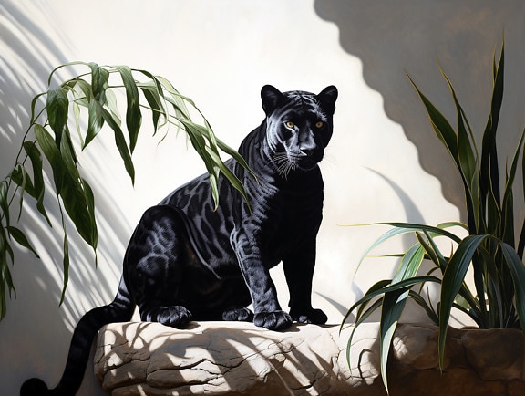 Realistic illustration of black panther sitting in shadow