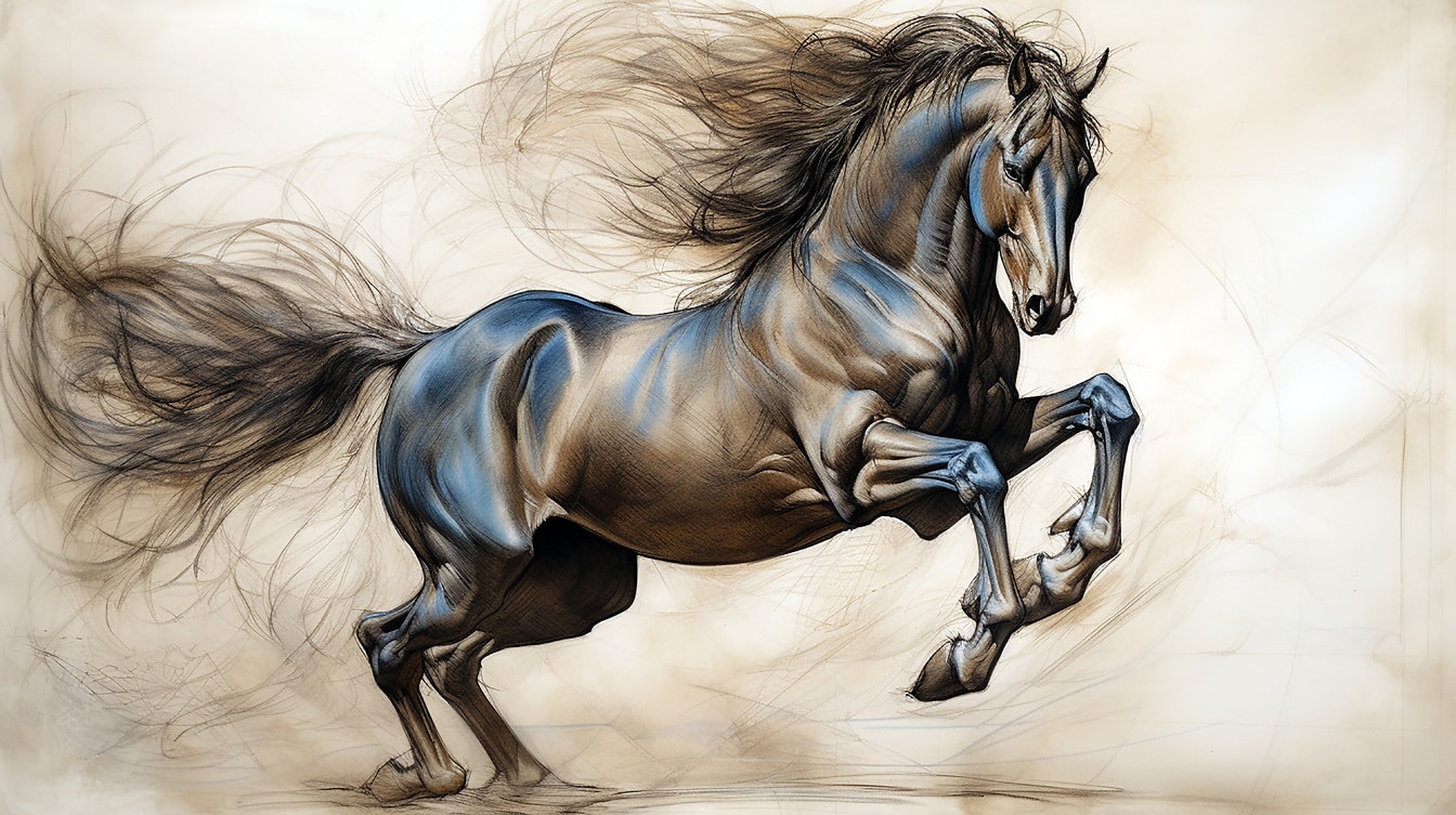 Cyfrowy rysunek skaczącego konia czarnego ogiera