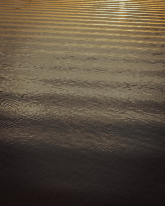 Close-up permukaan air sungai saat matahari terbenam dengan pantulan