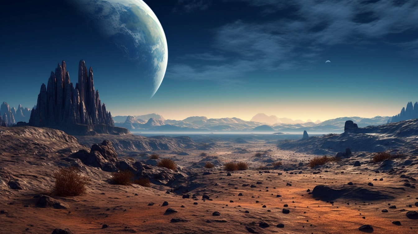 Paisaje lunar surrealista del desierto en ilustración digital futurista