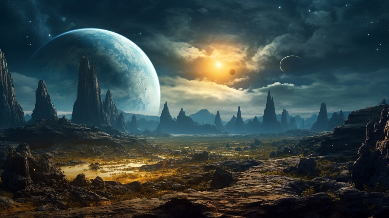 Matahari terbit surealis futuristik dengan pemandangan bulan fantasi di latar belakang