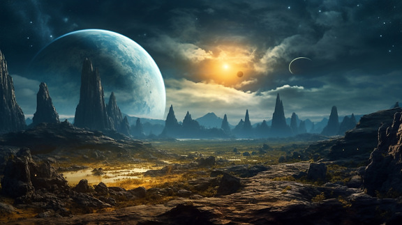 Futuristischer, surrealer Sonnenaufgang mit Fantasie-Mondlandschaft im Hintergrund