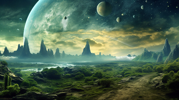 Grønt digitalt landskab, futuristisk scenisk fra ukendt planet