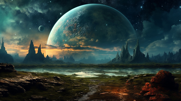 Surreal futuristic moonscape on fantasy planet at nighttime