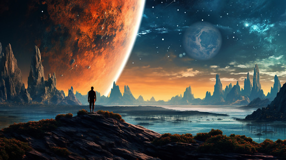 Silhouette einer Person in surrealer Landschaft mit orangegelbem Mondlicht