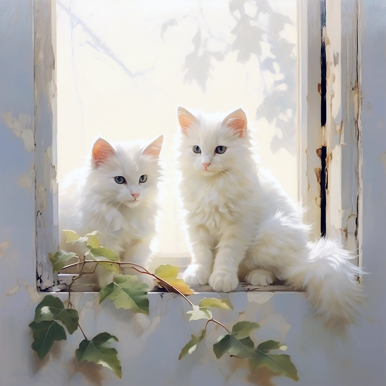 Симпатичные белые ангорские котята, сидящие на старом окне, цифровая иллюстрация