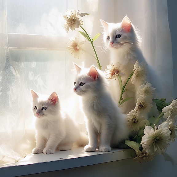 Tiga anak kucing menggemaskan duduk di dekat bunga putih di jendela ilustrasi digital