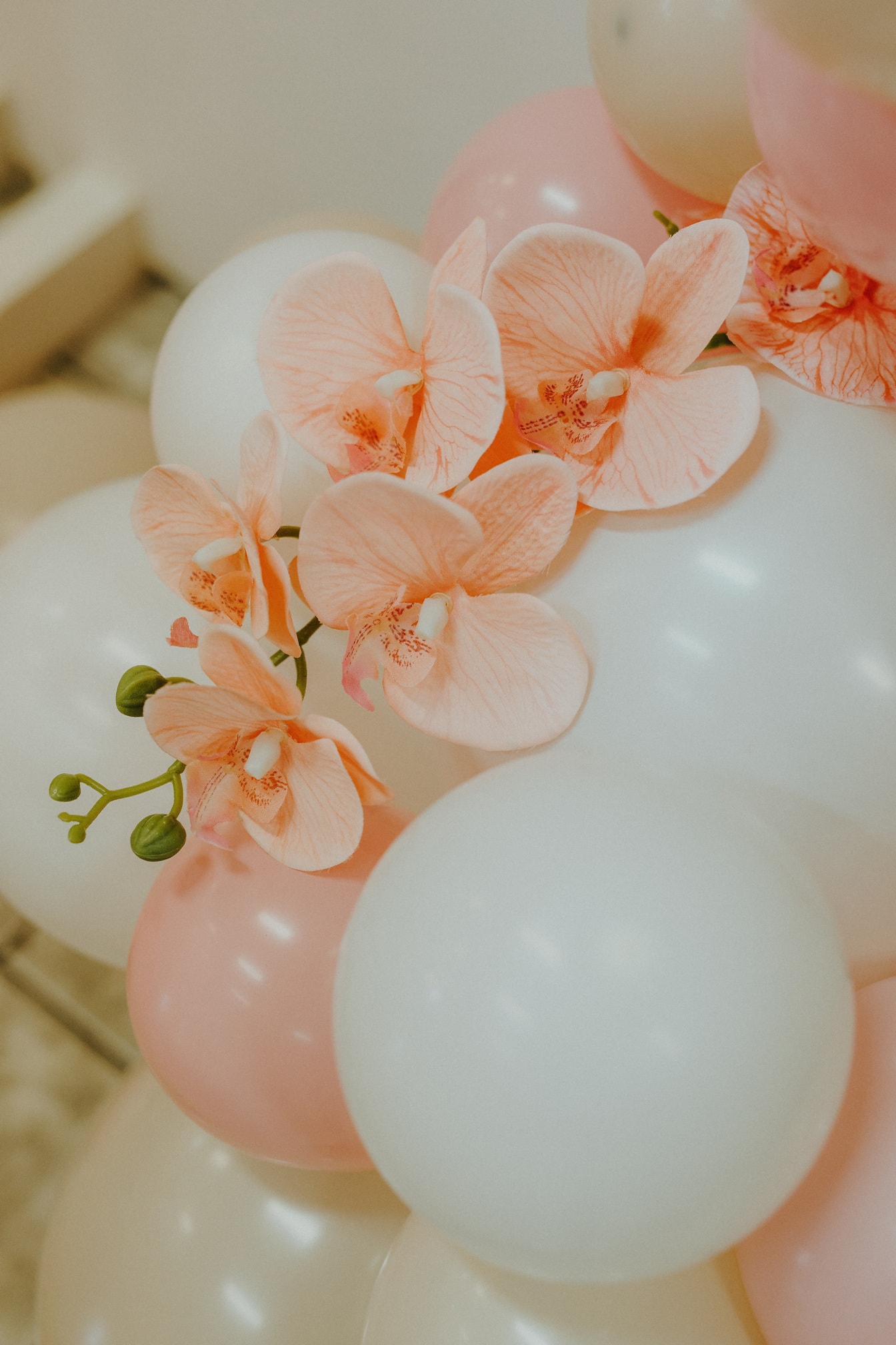 Пастельно-рожеві квіти орхідеї на білій повітряній кулі