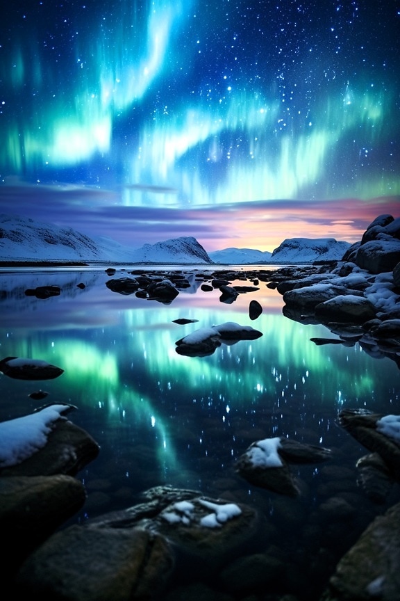 Небето свети северно сияние на арктически красив вечерен пейзаж