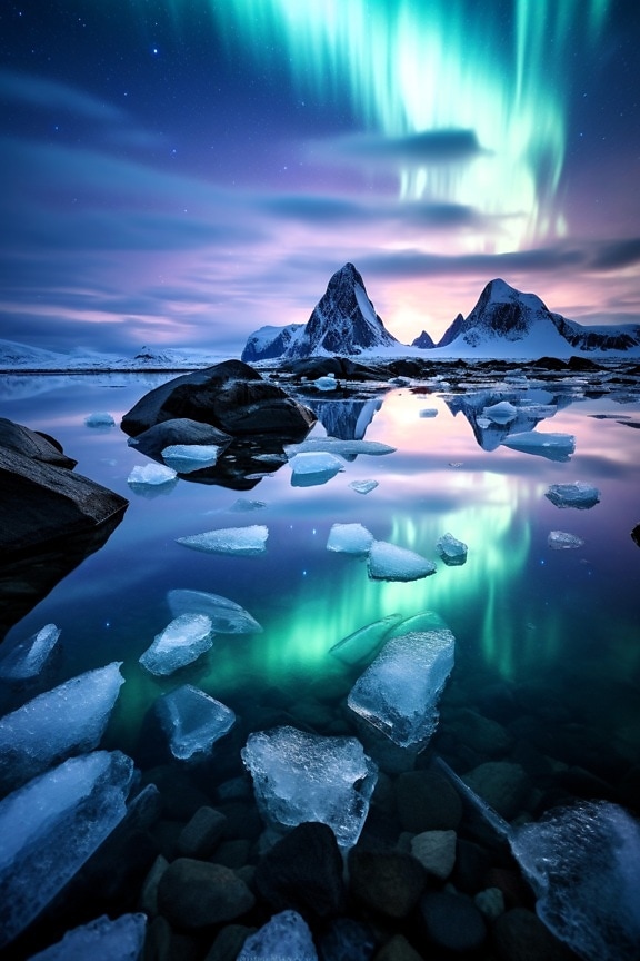 Aurora borealis with arctic cold water and frozen lakeside illustration