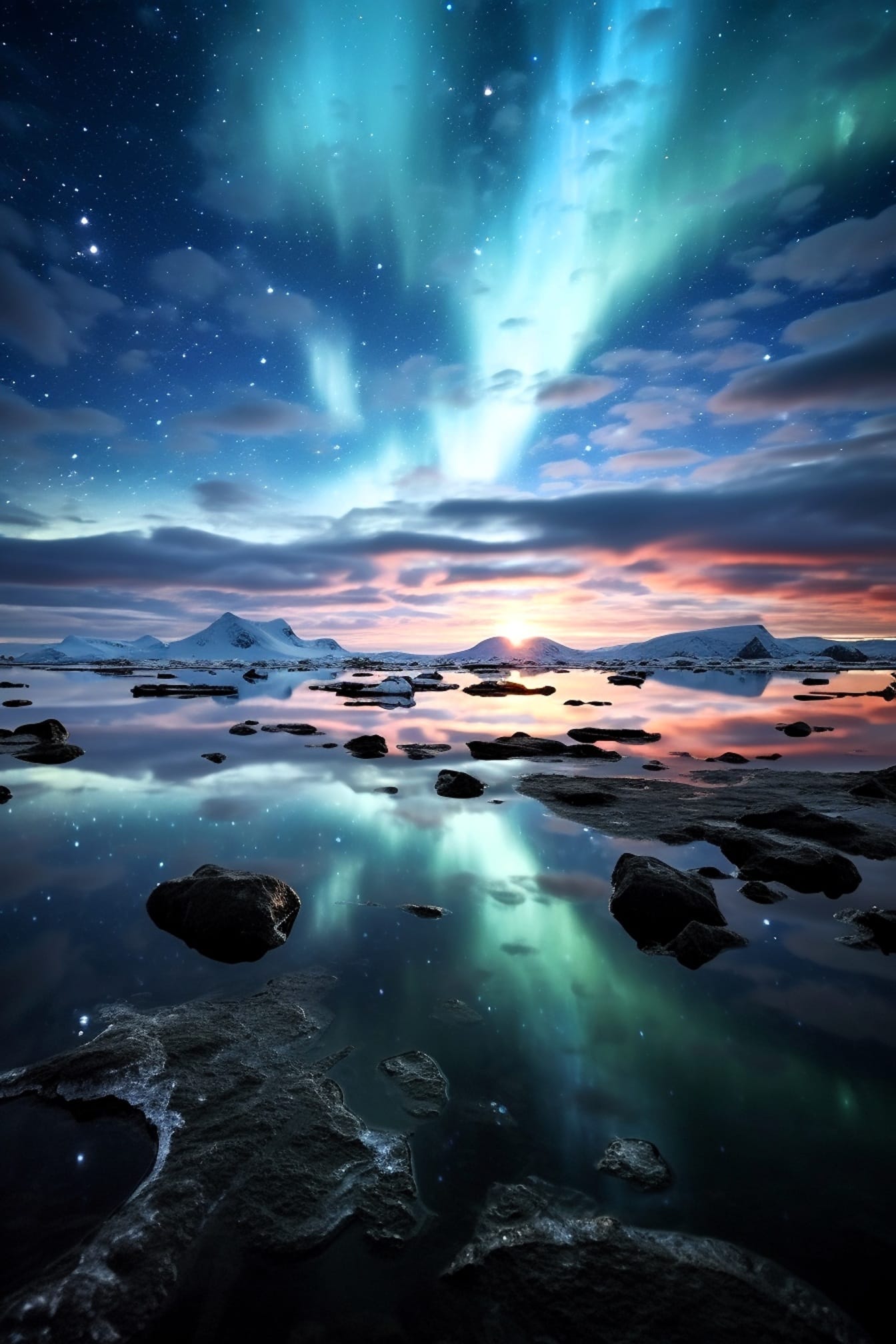 오로라 borealis 북극광, 섬, 장엄한 풍경, 그림