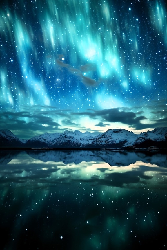 Aurora borealis on arctic night sky with stars and glaceir lakeside illustration