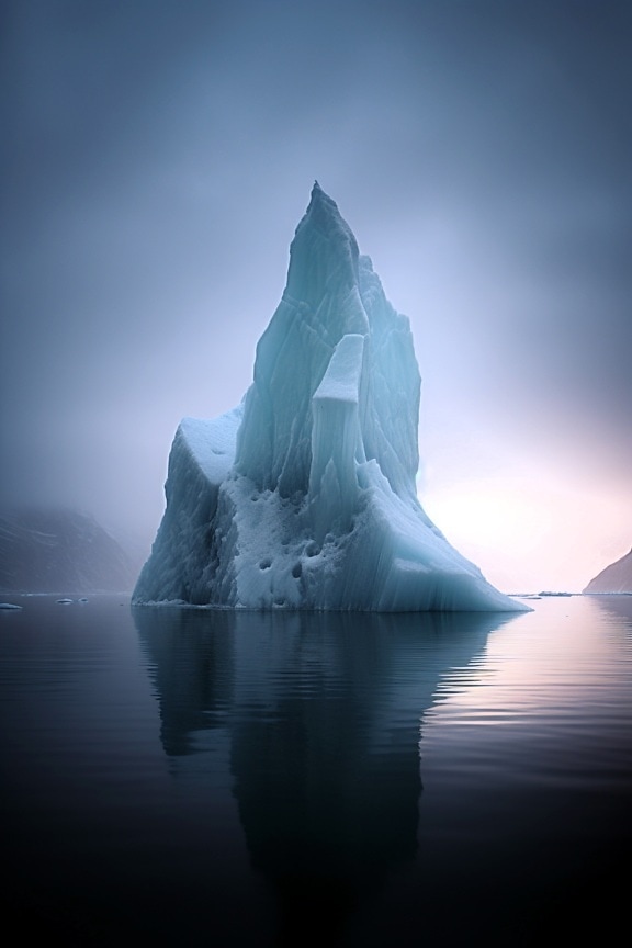 Iceberg in arctic cold water foggy landscape illustration