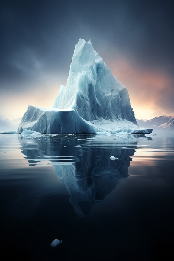 Illustratie van ijsberg in koud water met donkerblauwe hemel