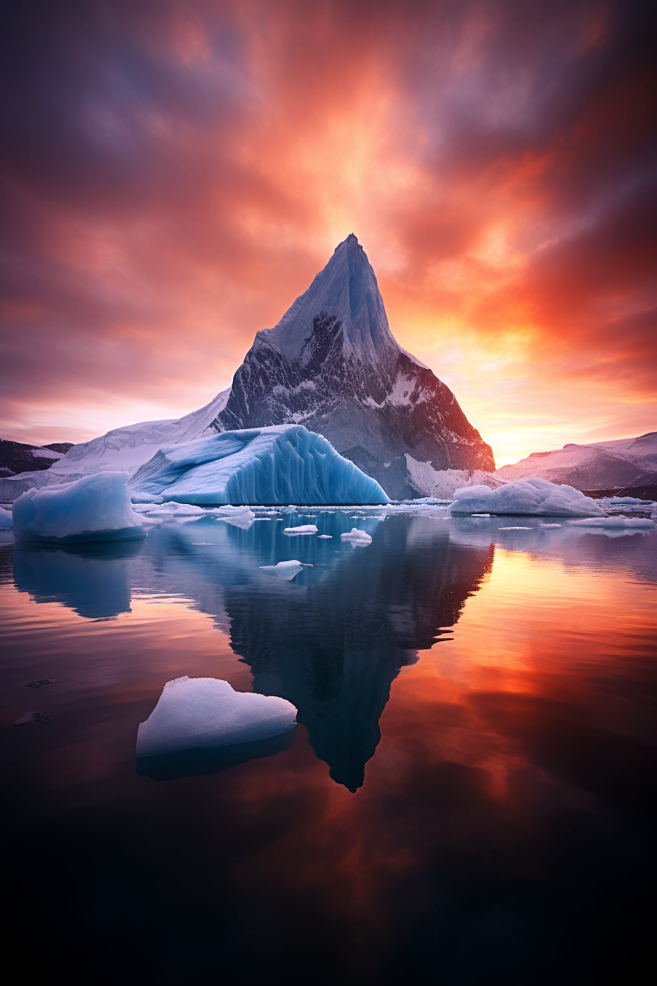 Majestuosa puesta de sol ártica con iceberg y glaciar