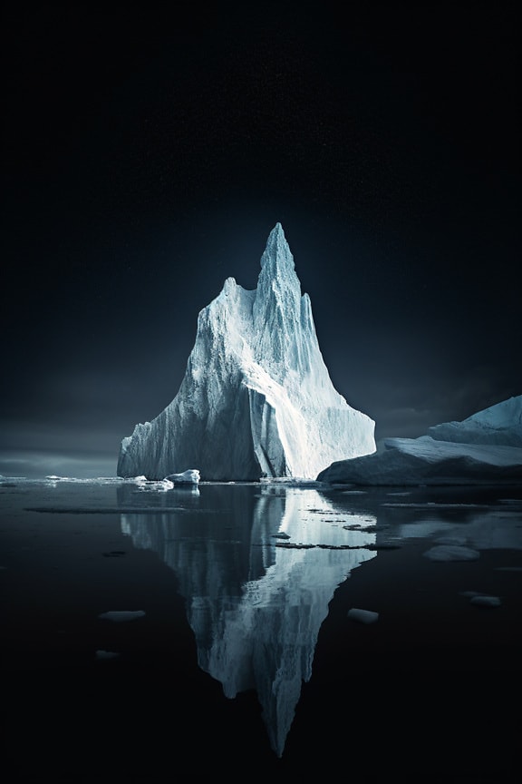 Noche oscura en el ártico con ilustración gráfica de iceberg