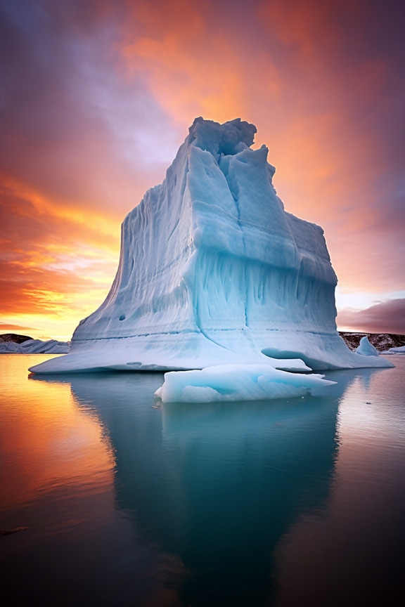 Stort isbjerg i arktisk koldt vand ved tusmørkesolnedgang