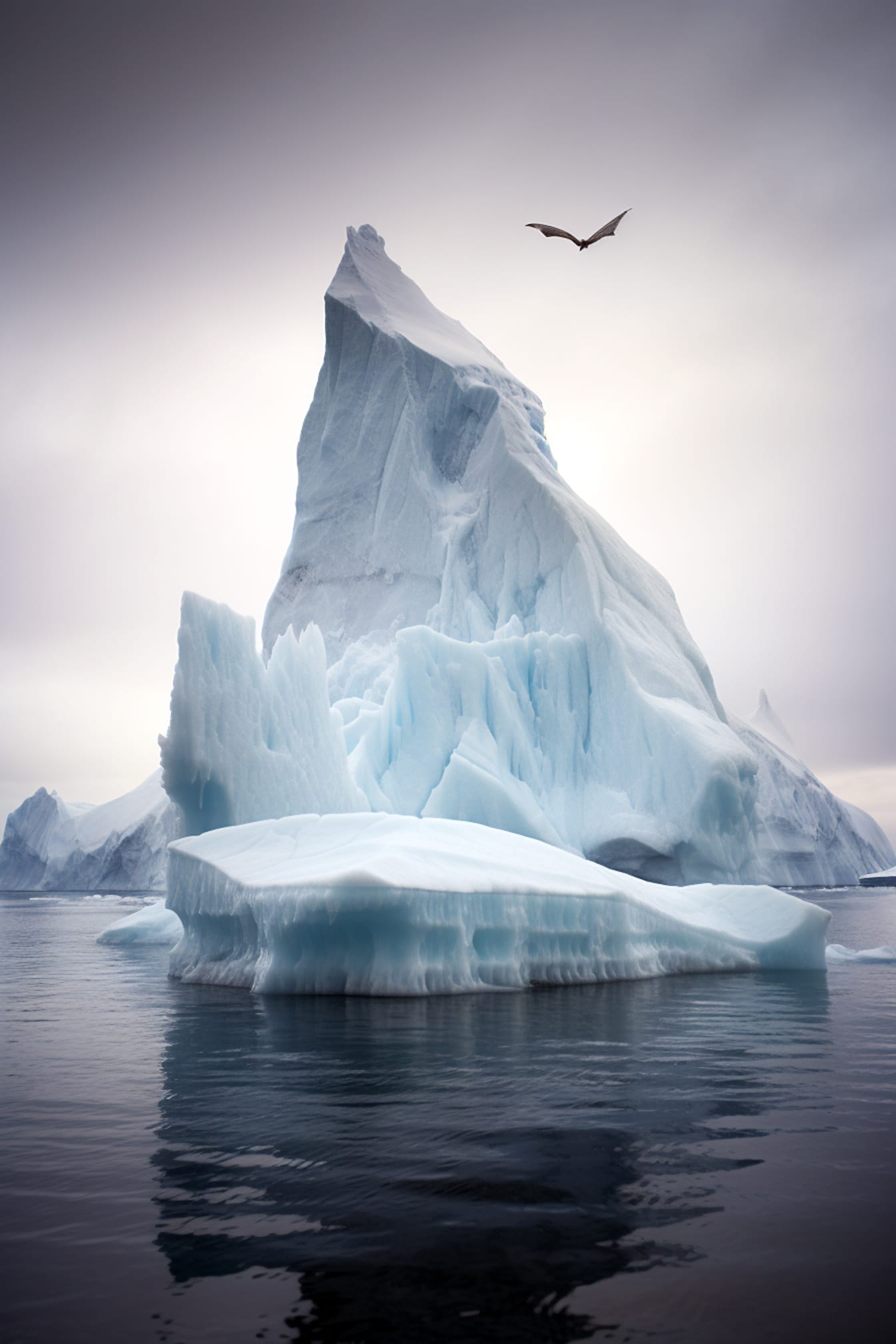 Przelot nietoperza nad lodowcem lodowym na arktycznym fotomontażu