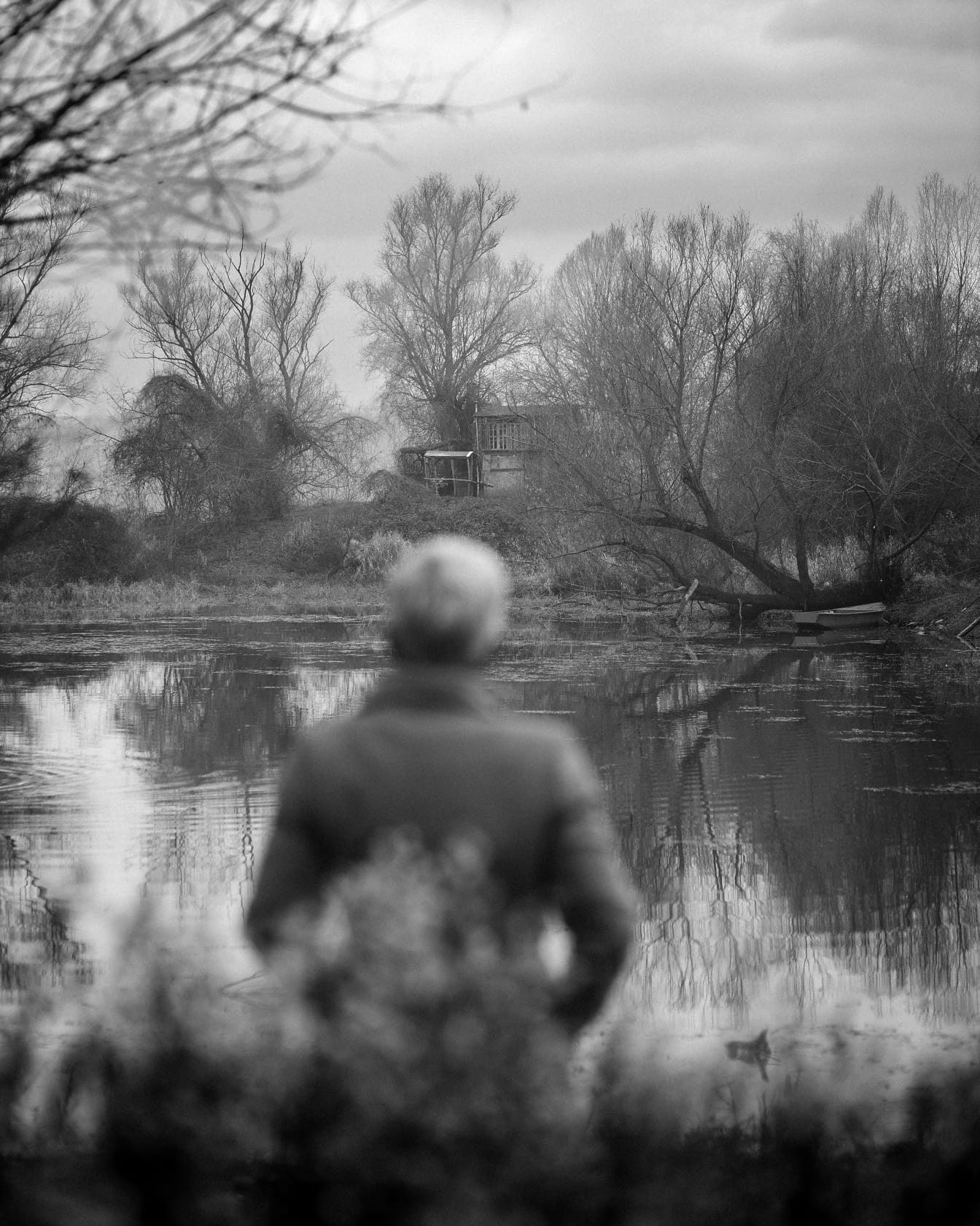 Person an der Kanalbank schaut Herbstlandschaft monochromes Foto